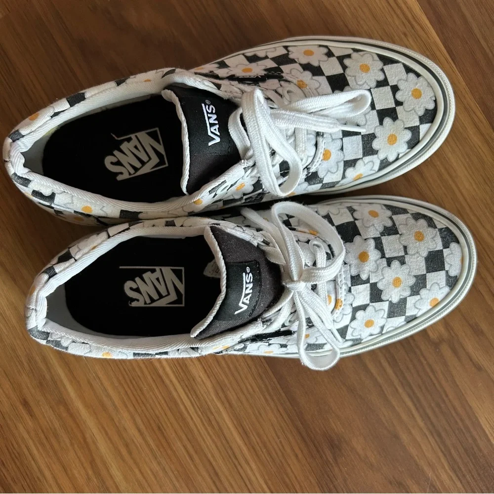 Women’s Vans Black and White Flower Checkered Shoes - Picture 6 of 10